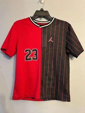 Jordan Boys Red and Black Split Pinstripe Basketball Jersey with 23